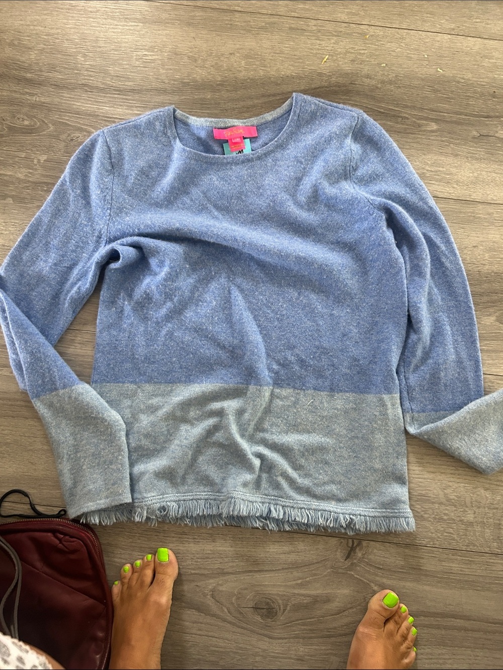 Lilly Pulitzer CASHMERE Blue Two-Tone Fringe Hem Sweater
